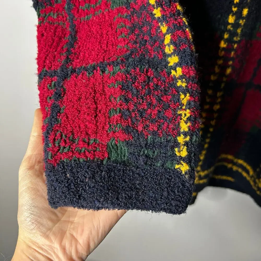 Vintage Hand Knit Jones New‎ York Tartan Plaid Wool Sweater Men's Large